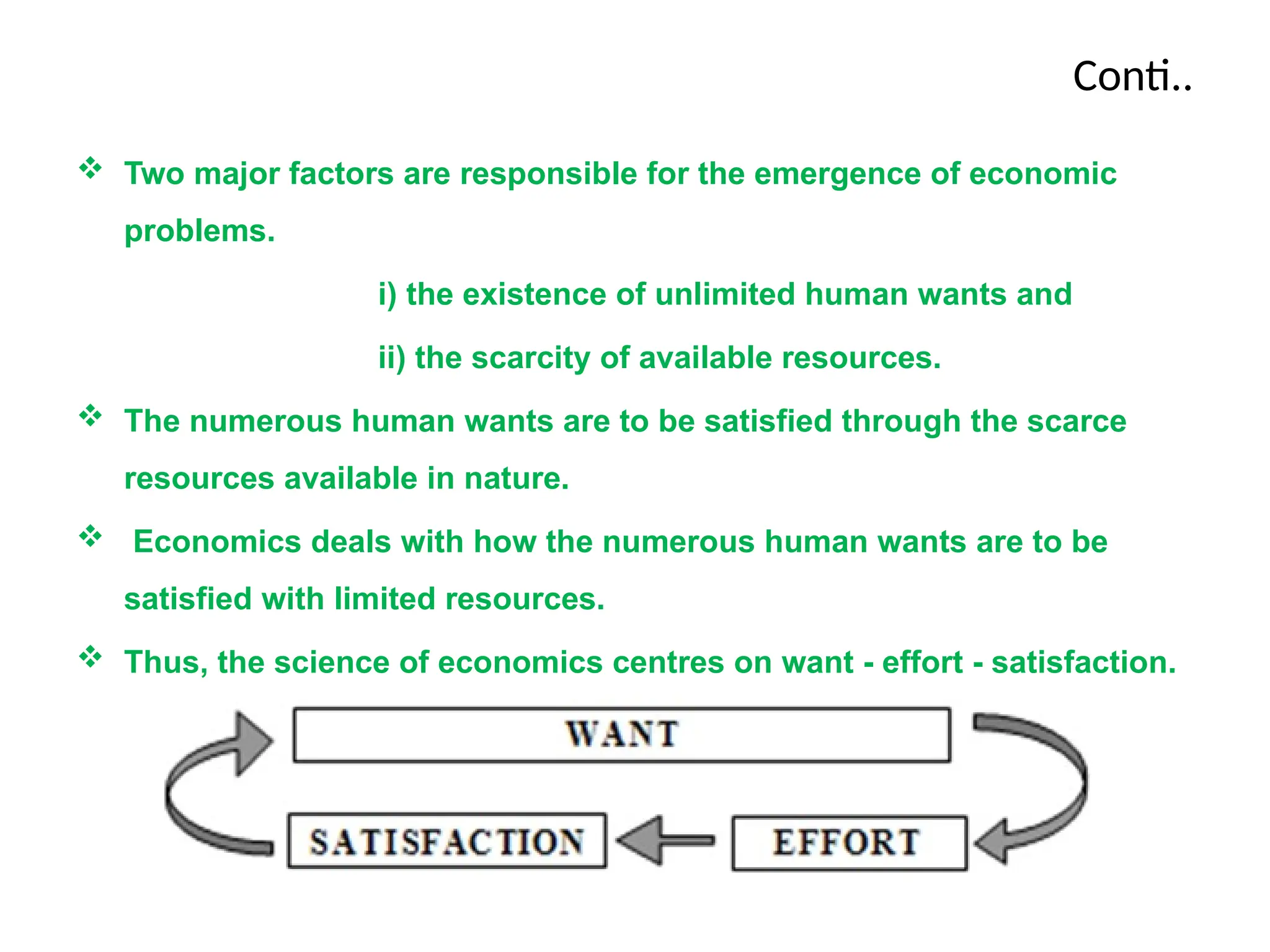 Conti..
 Two major factors are responsible for the emergence of economic
problems.
i) the existence of unlimited human wants and
ii) the scarcity of available resources.
 The numerous human wants are to be satisfied through the scarce
resources available in nature.
 Economics deals with how the numerous human wants are to be
satisfied with limited resources.
 Thus, the science of economics centres on want - effort - satisfaction.
 