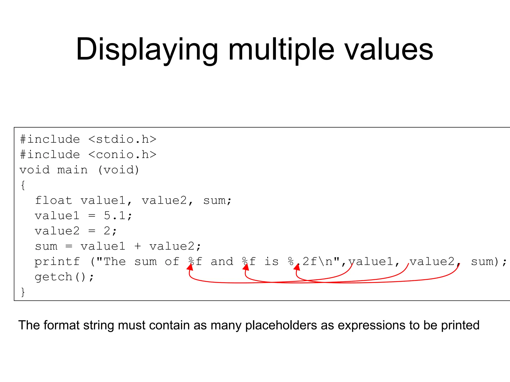 Displaying multiple values
#include <stdio.h>
#include <conio.h>
void main (void)
{
float value1, value2, sum;
value1 = 5.1;
value2 = 2;
sum = value1 + value2;
printf ("The sum of %f and %f is %.2fn",value1, value2, sum);
getch();
}
The format string must contain as many placeholders as expressions to be printed
 