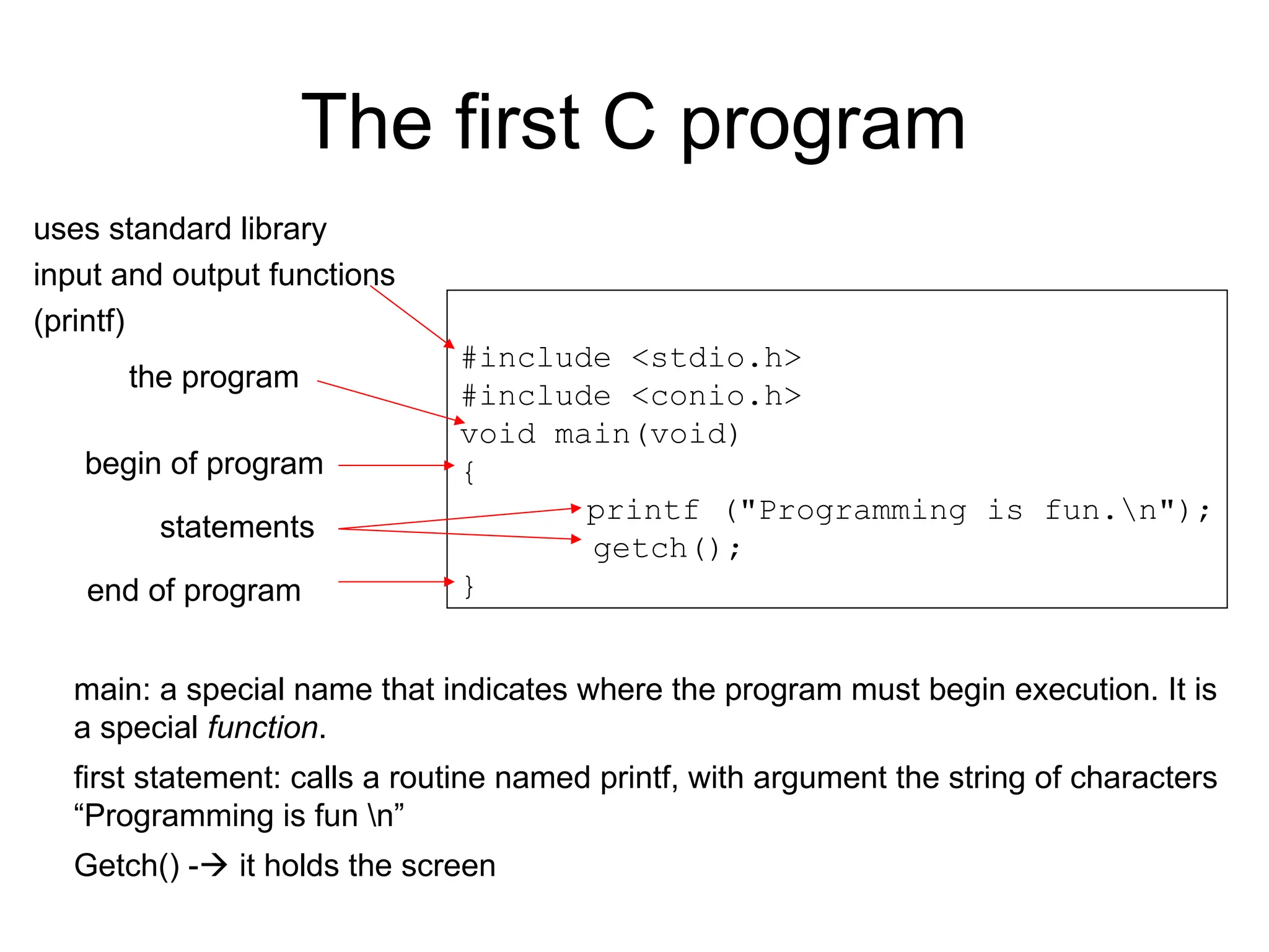 The first C program
#include <stdio.h>
#include <conio.h>
void main(void)
{
printf ("Programming is fun.n");
getch();
}
uses standard library
input and output functions
(printf)
the program
begin of program
end of program
statements
main: a special name that indicates where the program must begin execution. It is
a special function.
first statement: calls a routine named printf, with argument the string of characters
“Programming is fun n”
Getch() - it holds the screen
 