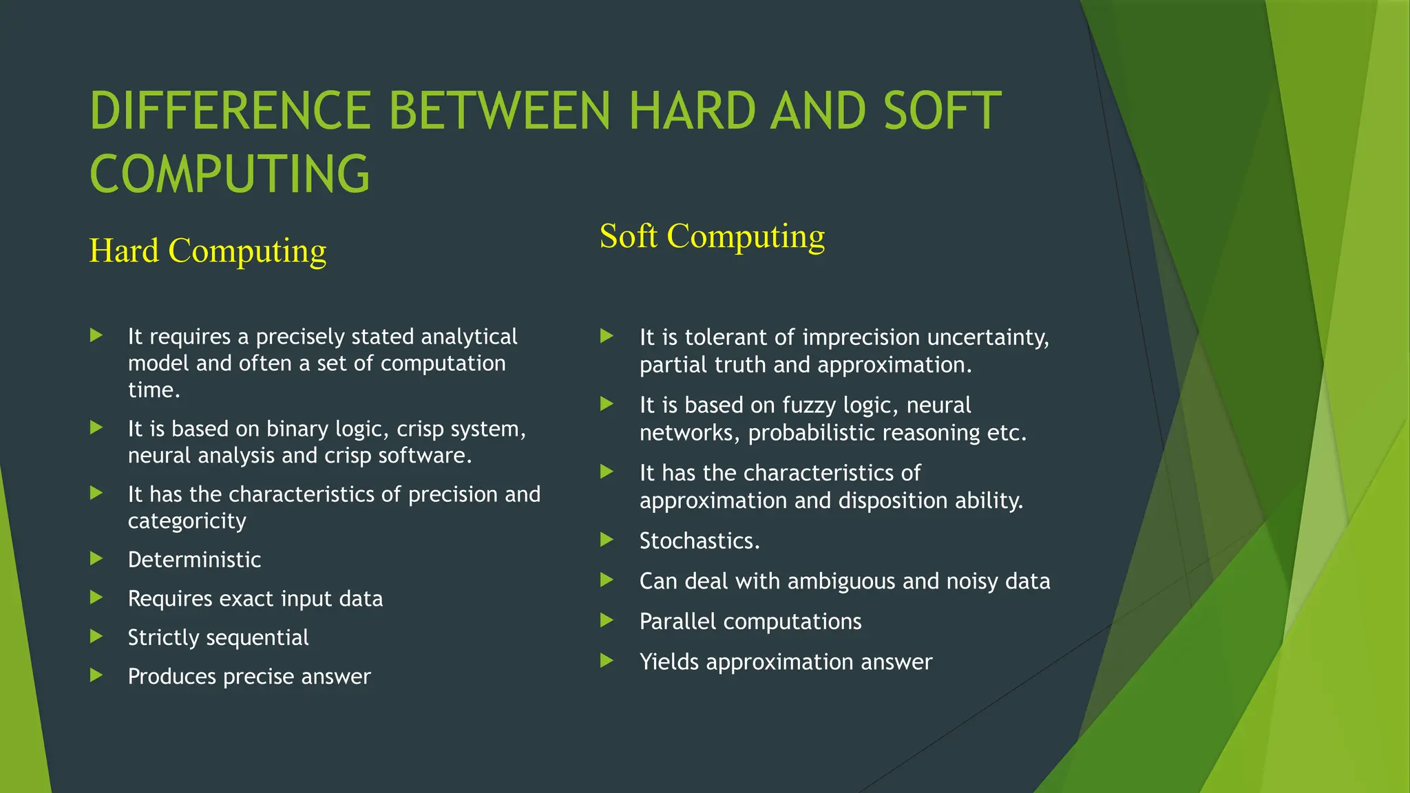 DIFFERENCE BETWEEN HARD AND SOFT
COMPUTING
Hard Computing
 It requires a precisely stated analytical
model and often a set of computation
time.
 It is based on binary logic, crisp system,
neural analysis and crisp software.
 It has the characteristics of precision and
categoricity
 Deterministic
 Requires exact input data
 Strictly sequential
 Produces precise answer
Soft Computing
 It is tolerant of imprecision uncertainty,
partial truth and approximation.
 It is based on fuzzy logic, neural
networks, probabilistic reasoning etc.
 It has the characteristics of
approximation and disposition ability.
 Stochastics.
 Can deal with ambiguous and noisy data
 Parallel computations
 Yields approximation answer
 