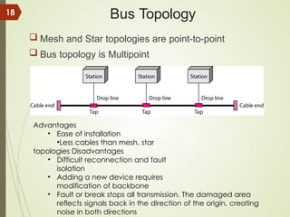 Bus Topology
 Mesh and Star topologies are point-to-point
 Bus topology is Multipoint
Advantages
• Ease of installation
•Less cables than mesh, star
topologies Disadvantages
• Difficult reconnection and fault
isolation
• Adding a new device requires
modification of backbone
• Fault or break stops all transmission. The damaged area
reflects signals back in the direction of the origin, creating
noise in both directions
18
 