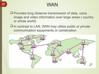 WAN
 Provides long distance transmission of data, voice ,
image and video information over large areas ( country
or whole world)
 In contrast to LAN, WAN may utilize public or private
communication equipments or combination.
27
 