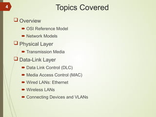 Topics Covered
 Overview
 OSI Reference Model
 Network Models
 Physical Layer
 Transmission Media
 Data-Link Layer
 Data Link Control (DLC)
 Media Access Control (MAC)
 Wired LANs: Ethernet
 Wireless LANs
 Connecting Devices and VLANs
4
 