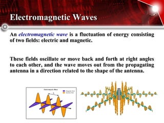 Electromagnetic WavesElectromagnetic Waves
AnAn electromagnetic wave is a fluctuation of energy consistingis a fluctuation of energy consisting
of two fields: electric and magnetic.of two fields: electric and magnetic.
These fields oscillate or move back and forth at right anglesThese fields oscillate or move back and forth at right angles
to each other, and the wave moves out from the propagatingto each other, and the wave moves out from the propagating
antenna in a direction related to the shape of the antenna.antenna in a direction related to the shape of the antenna.
 