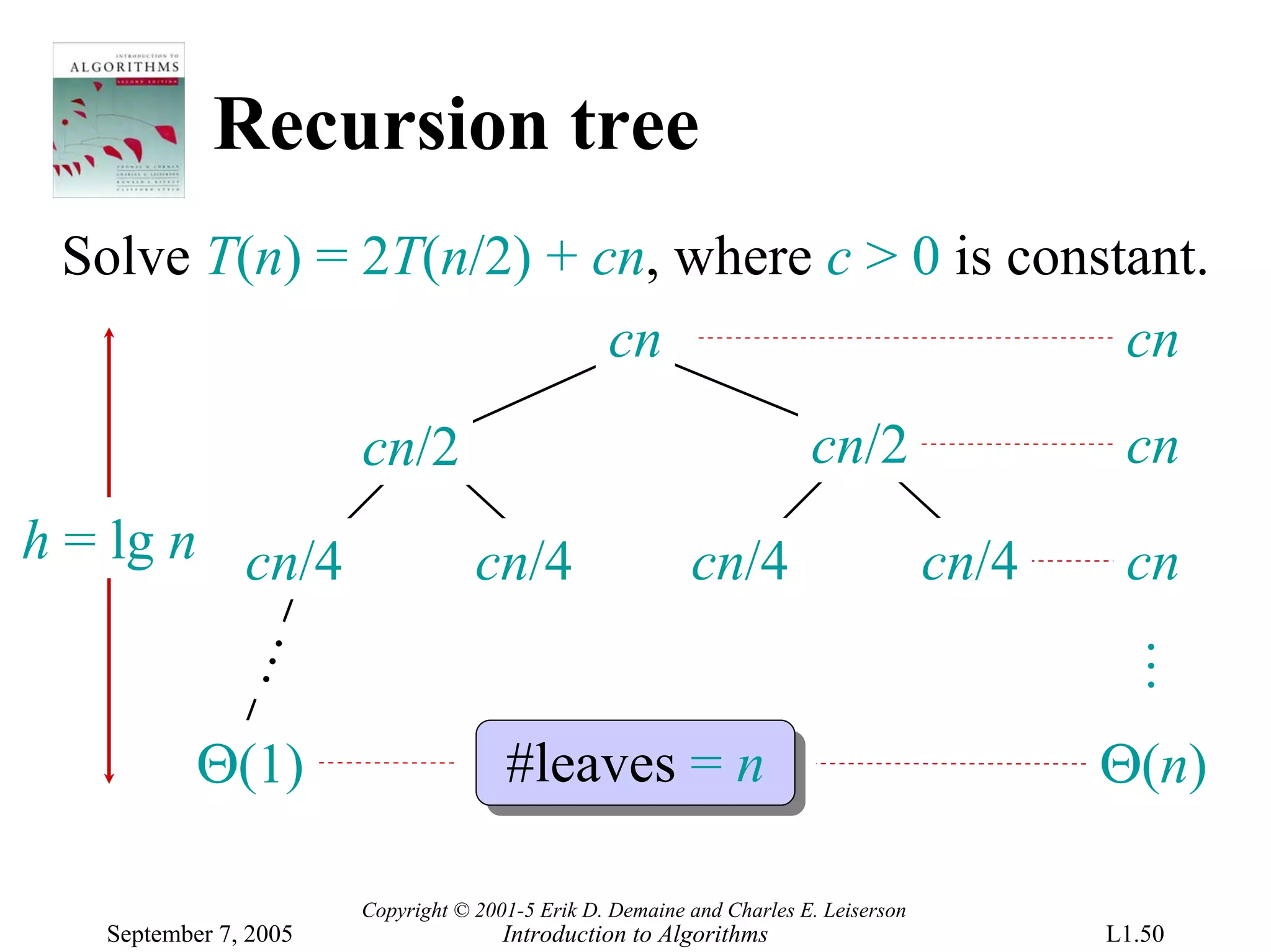 Recursion tree
 Solve T(n) = 2T(n/2) + cn, where c > 0 is constant.
                         cn                     cn
                       cn/2                                            cn/2                  cn
h = lg n cn/4                      cn/4                   cn/4                       cn/4    cn
            …




                                                                                            …
           Θ(1)                       #leaves = n                                           Θ(n)

                       Copyright © 2001-5 Erik D. Demaine and Charles E. Leiserson
   September 7, 2005                  Introduction to Algorithms                            L1.50
 
