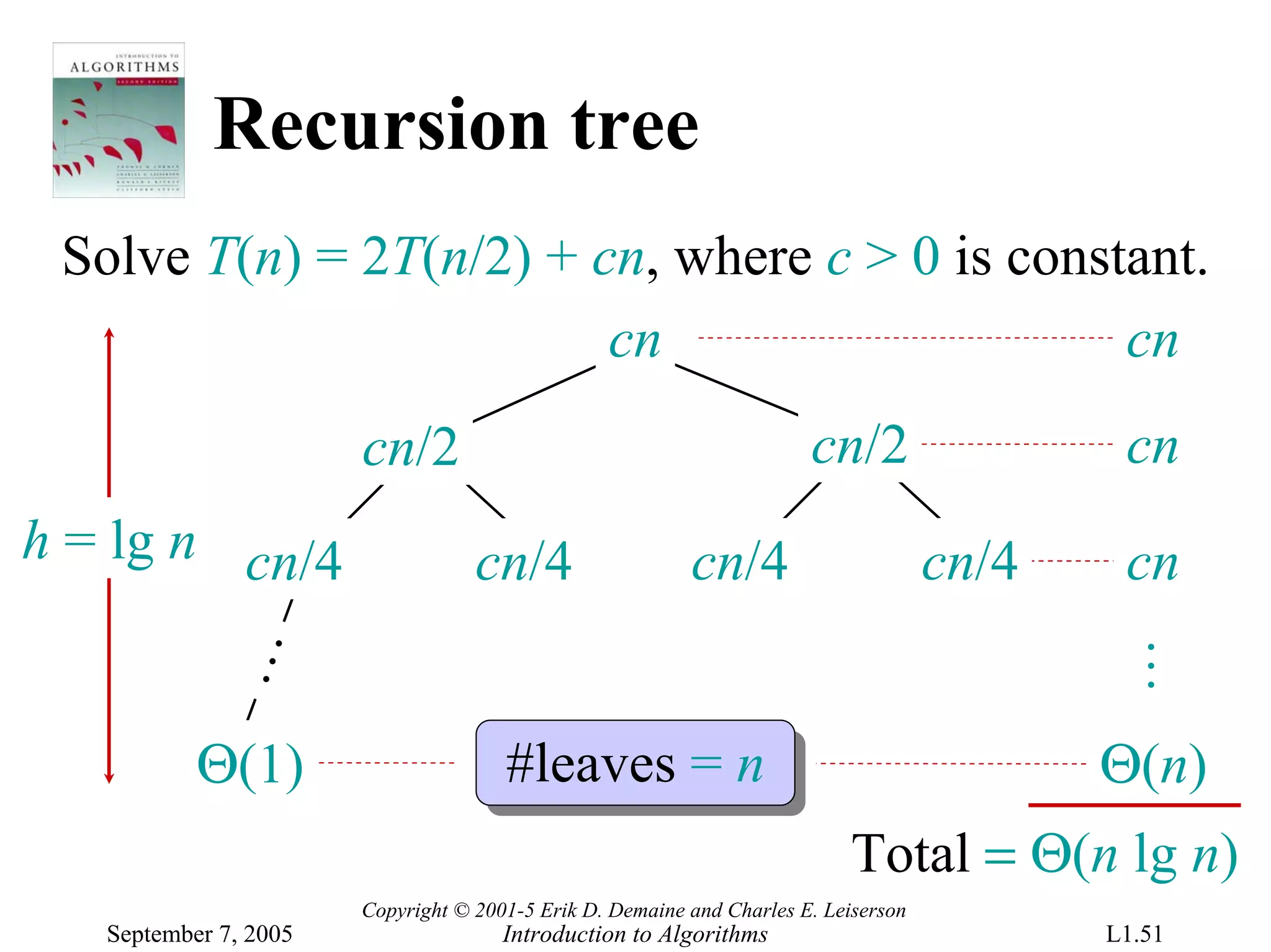 Recursion tree
 Solve T(n) = 2T(n/2) + cn, where c > 0 is constant.
                         cn                     cn
                       cn/2                                            cn/2                  cn
h = lg n cn/4                      cn/4                   cn/4                       cn/4    cn
            …




                                                                                            …
           Θ(1)                       #leaves = n                                           Θ(n)
                                                                            Total = Θ(n lg n)
                       Copyright © 2001-5 Erik D. Demaine and Charles E. Leiserson
   September 7, 2005                  Introduction to Algorithms                            L1.51
 