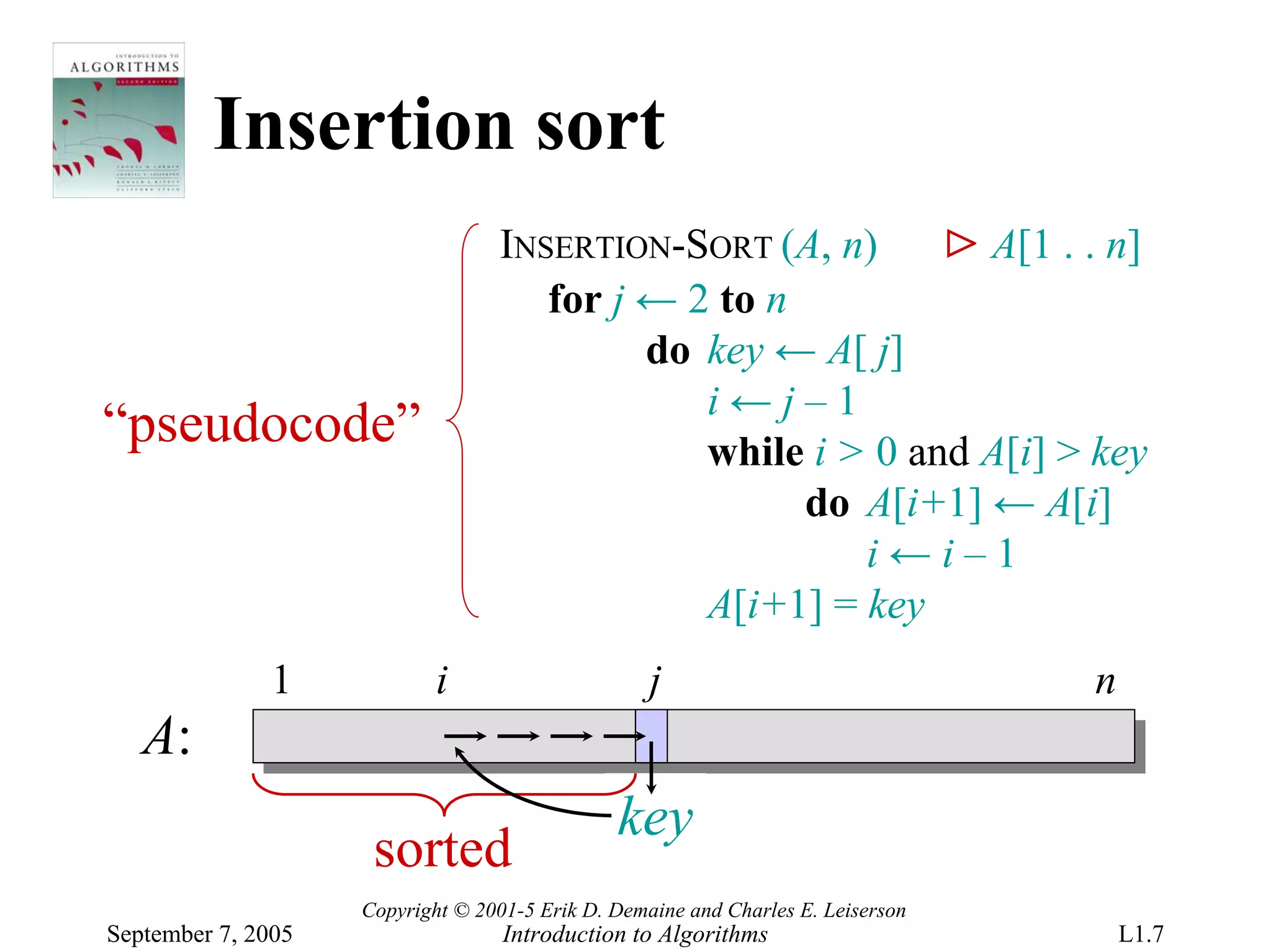 Insertion sort
                                  INSERTION-SORT (A, n)     ⊳ A[1 . . n]
                                     for j ← 2 to n
                                           do key ← A[ j]
                                              i←j–1
“pseudocode”                                  while i > 0 and A[i] > key
                                                    do A[i+1] ← A[i]
                                                       i←i–1
                                              A[i+1] = key
              1             i                      j                              n
   A:
                                               key
                     sorted
                    Copyright © 2001-5 Erik D. Demaine and Charles E. Leiserson
September 7, 2005                  Introduction to Algorithms                         L1.7
 