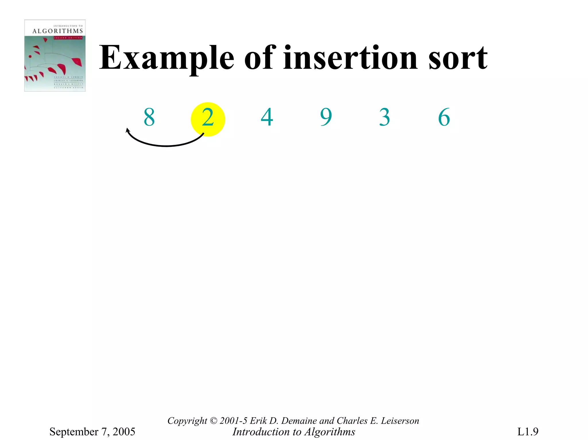 Example of insertion sort
                    8           2            4             9             3            6




                        Copyright © 2001-5 Erik D. Demaine and Charles E. Leiserson
September 7, 2005                      Introduction to Algorithms                         L1.9
 