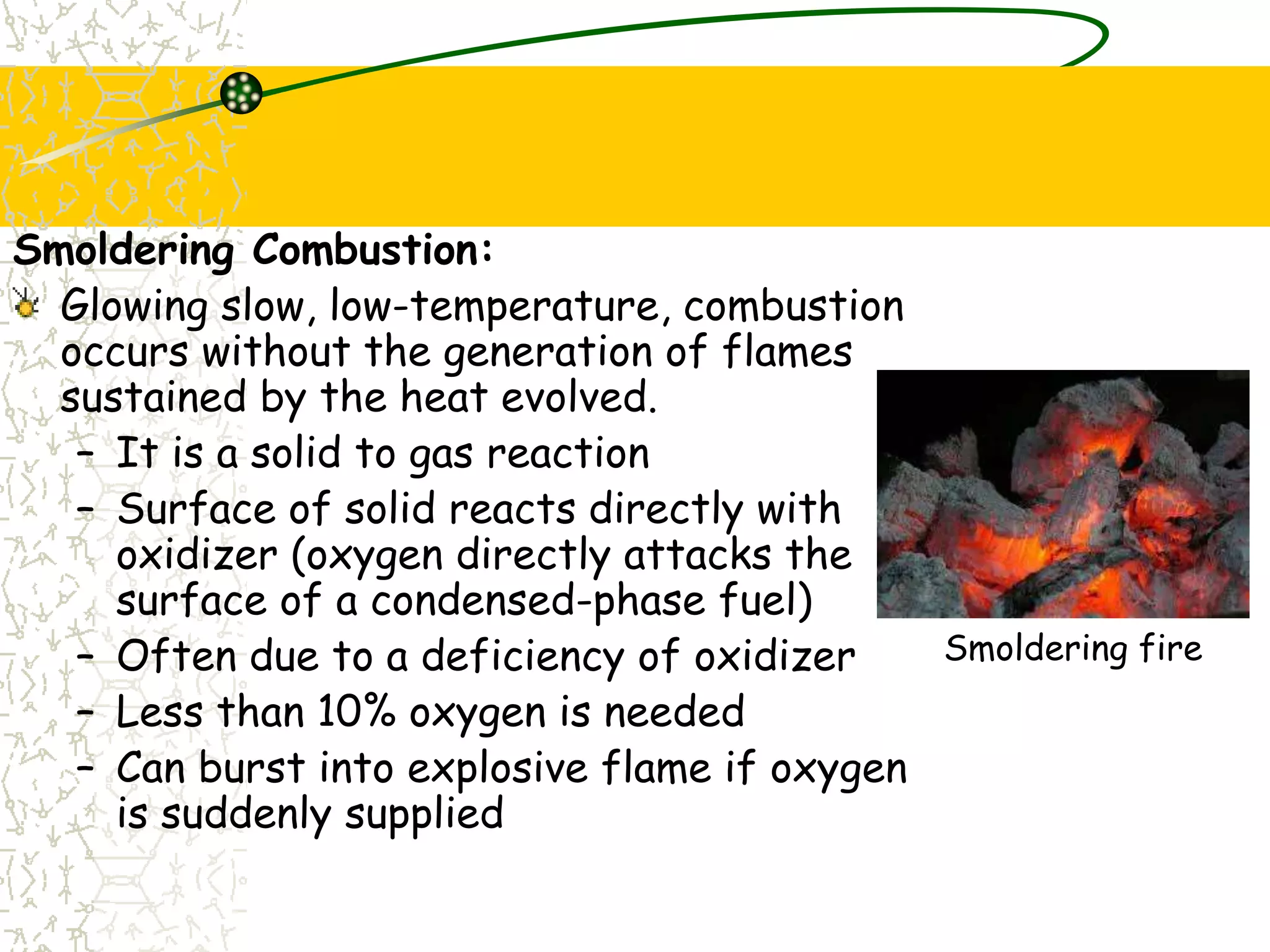 Smoldering Combustion:
Glowing slow, low-temperature, combustion
occurs without the generation of flames
sustained by the heat evolved.
– It is a solid to gas reaction
– Surface of solid reacts directly with
oxidizer (oxygen directly attacks the
surface of a condensed-phase fuel)
– Often due to a deficiency of oxidizer
– Less than 10% oxygen is needed
– Can burst into explosive flame if oxygen
is suddenly supplied
Smoldering fire
 