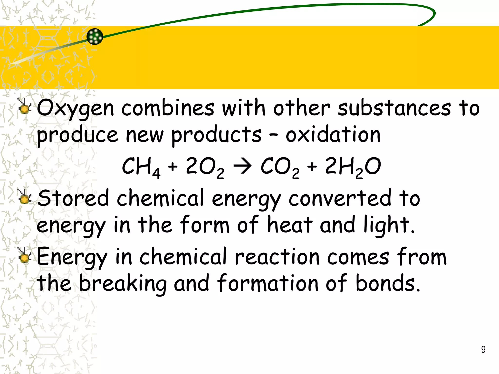 9
Oxygen combines with other substances to
produce new products – oxidation
CH4 + 2O2  CO2 + 2H2O
Stored chemical energy converted to
energy in the form of heat and light.
Energy in chemical reaction comes from
the breaking and formation of bonds.
 