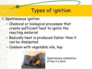 Types of ignition
Spontaneous ignition
– Chemical or biological processes that
create sufficient heat to ignite the
reacting material
– Basically heat is produced faster than it
can be dissipated.
– Common with vegetable oils, hay
Spontaneous combustion
of hay in a barn
 