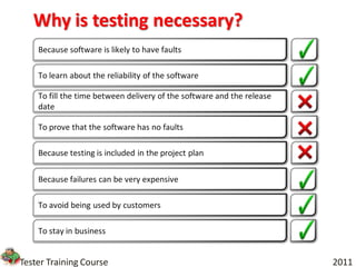 Why is testing necessary?
    Because software is likely to have faults

    To learn about the reliability of the software

    To fill the time between delivery of the software and the release
    date

    To prove that the software has no faults

    Because testing is included in the project plan

    Because failures can be very expensive

    To avoid being used by customers

    To stay in business


Tester Training Course                                                  2011
 