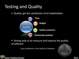 Testing and Quality
        Quality: get the satisfaction of all stakeholders
                                   Time

                                          Budget
                    Quality
                                          Satisfy customers

                                   Technically excellent

        Testing help us to measure and improve the quality
       of software
                 • give confidence in the quality of software



Tester Training Course                                          2011
 