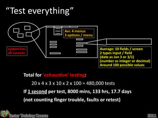“Test everything”
                             Avr. 4 menus
                             3 options / menu


system has                                      Average: 10 fields / screen
20 screens                                      2 types input / field
                                                (date as Jan 3 or 3/1)
                                                (number as integer or decimal)
                                                Around 100 possible values

        Total for 'exhaustive' testing:
             20 x 4 x 3 x 10 x 2 x 100 = 480,000 tests
        If 1 second per test, 8000 mins, 133 hrs, 17.7 days
        (not counting finger trouble, faults or retest)


Tester Training Course                                                      2011
 