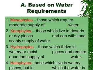 A. Based on Water
Requirements
1. Mesophytes – those which require
moderate supply of water.
2. Xerophytes – those which live in deserts
or dry places and can withstand
scanty supply of water.
3. Hydrophytes – those which thrive in
watery or moist places and require
abundant supply of water.
4. Halophytes- those which live in watery
places, but in which the water is
 