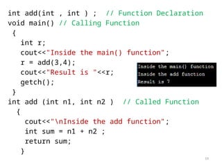 19
int add(int , int ) ; // Function Declaration
void main() // Calling Function
{
int r;
cout<<"Inside the main() function";
r = add(3,4);
cout<<"Result is "<<r;
getch();
}
int add (int n1, int n2 ) // Called Function
{
cout<<"nInside the add function";
int sum = n1 + n2 ;
return sum;
}
 
