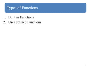 5
Types of Functions
1. Built in Functions
2. User defined Functions
 