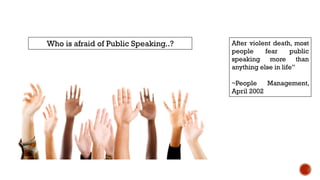 Who is afraid of Public Speaking..? After violent death, most
people fear public
speaking more than
anything else in life”...