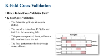 • How is K-Fold Cross-Validation Used?
• K-Fold Cross-Validation:
o The dataset is split into K subsets
(folds).
o The model is trained on K-1 folds and
tested on the remaining fold.
o This process repeats K times, with each
fold used once as a test set.
o The final performance is the average
across all runs.
 