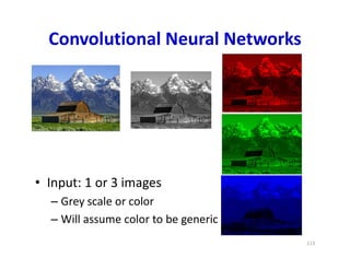 Convolutional Neural Networks
• Input: 1 or 3 images
– Grey scale or color
– Will assume color to be generic
113
 
