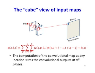 The “cube” view of input maps
• The computation of the convolutional map at any
location sums the convolutional outputs at all
planes
bias
62
 