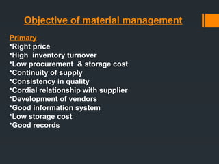 Primary
•Right price
•High inventory turnover
•Low procurement & storage cost
•Continuity of supply
•Consistency in quality
•Cordial relationship with supplier
•Development of vendors
•Good information system
•Low storage cost
•Good records
Objective of material management
 