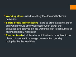 Working stock– used to satisfy the demand between
deliveries
Safety stock( Buffer stock)– exits to protect against stock
outs which would otherwise occur when either the
deliveries are delayed on the working stock is consumed at
an unexpectedly high rates
Reorder level-stock level at which a fresh order has to be
placed. It is equal to average consumption per day
multiplied by the lead time
 