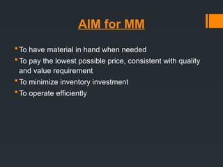 AIM for MM
To have material in hand when needed
To pay the lowest possible price, consistent with quality
and value requirement
To minimize inventory investment
To operate efficiently
 