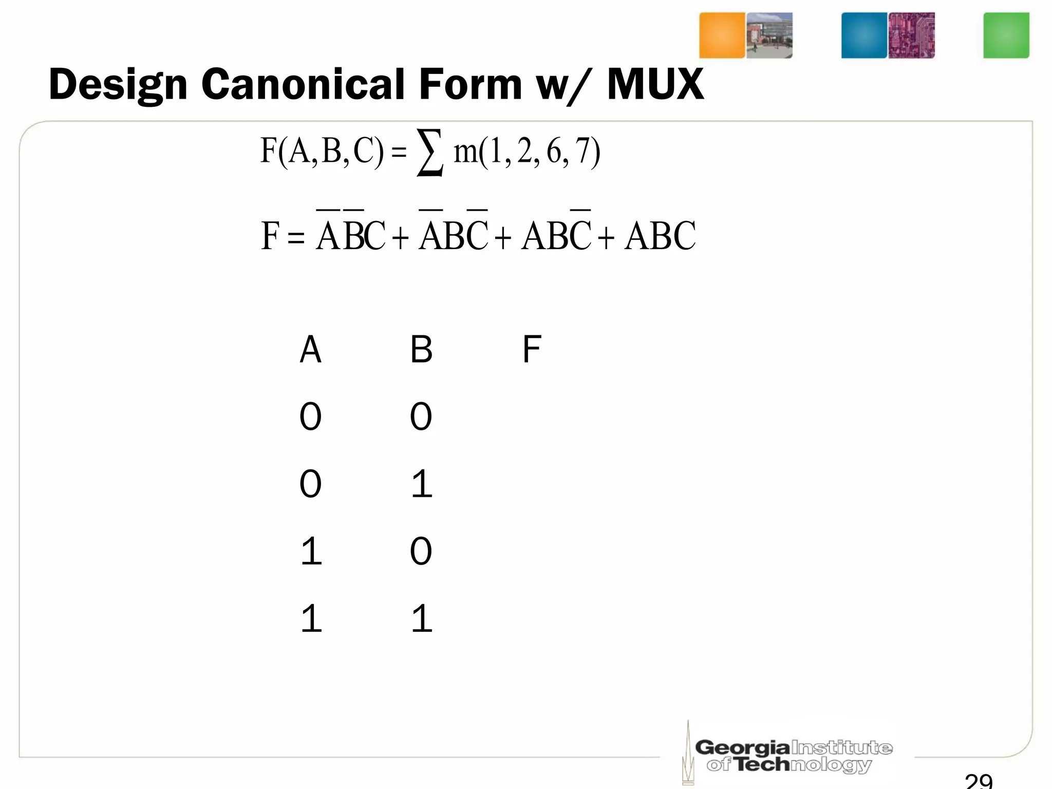 Design Canonical Form w/ MUX
∑= 7)6,2,m(1,C)B,F(A,
ABCCABCBACBAF +++=
A B F
0 0
0 1
1 0
1 1
 