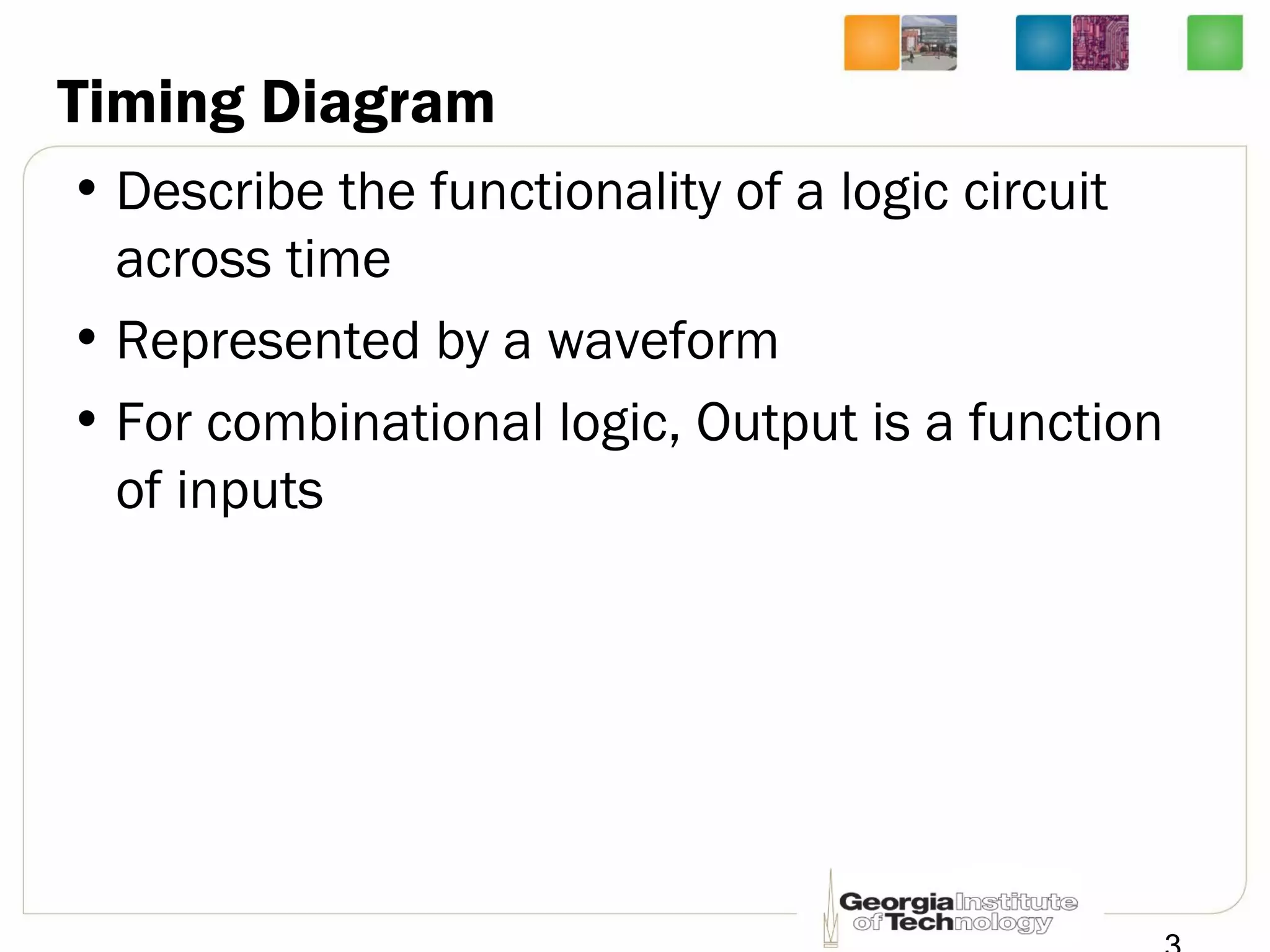 Timing Diagram
• Describe the functionality of a logic circuit
across time
• Represented by a waveform
• For combinational logic, Output is a function
of inputs
 
