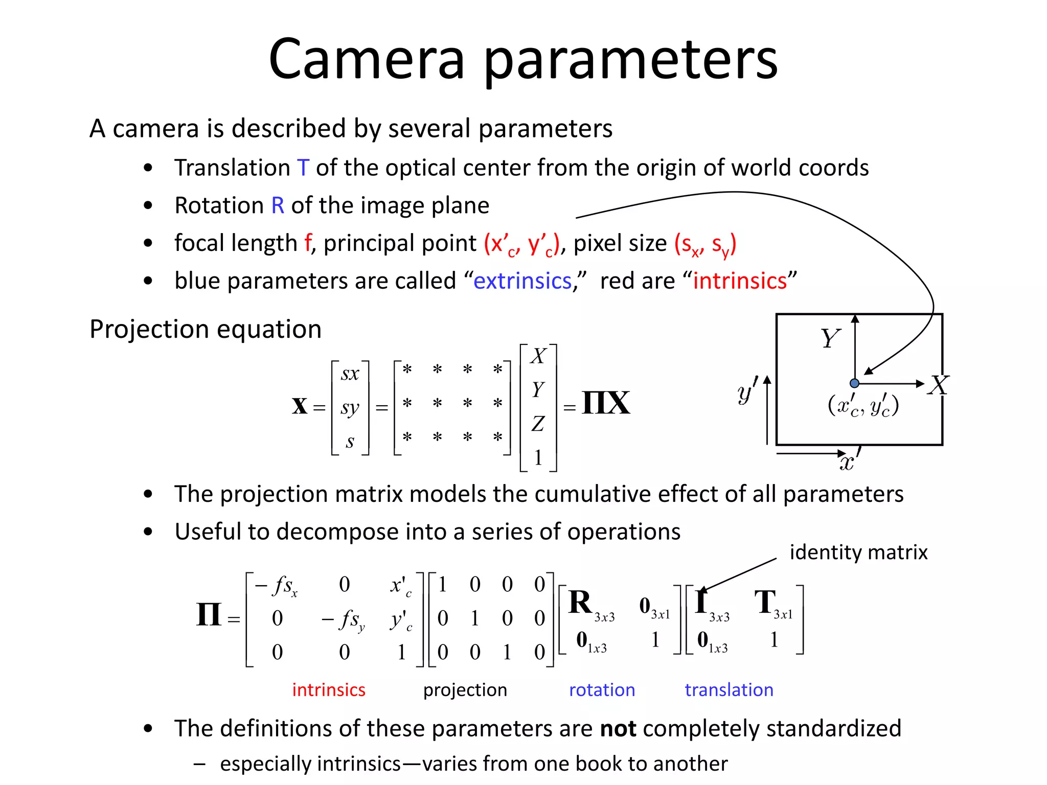 Projection equation
• The projection matrix models the cumulative effect of all parameters
• Useful to decompose into a series of operations
ΠXx 


































1
****
****
****
Z
Y
X
s
sy
sx







































11
0100
0010
0001
100
'0
'0
31
1333
31
1333
x
xx
x
xx
cy
cx
yfs
xfs
00
0 TIRΠ
projectionintrinsics rotation translation
identity matrix
Camera parameters
A camera is described by several parameters
• Translation T of the optical center from the origin of world coords
• Rotation R of the image plane
• focal length f, principal point (x’c, y’c), pixel size (sx, sy)
• blue parameters are called “extrinsics,” red are “intrinsics”
• The definitions of these parameters are not completely standardized
– especially intrinsics—varies from one book to another
 