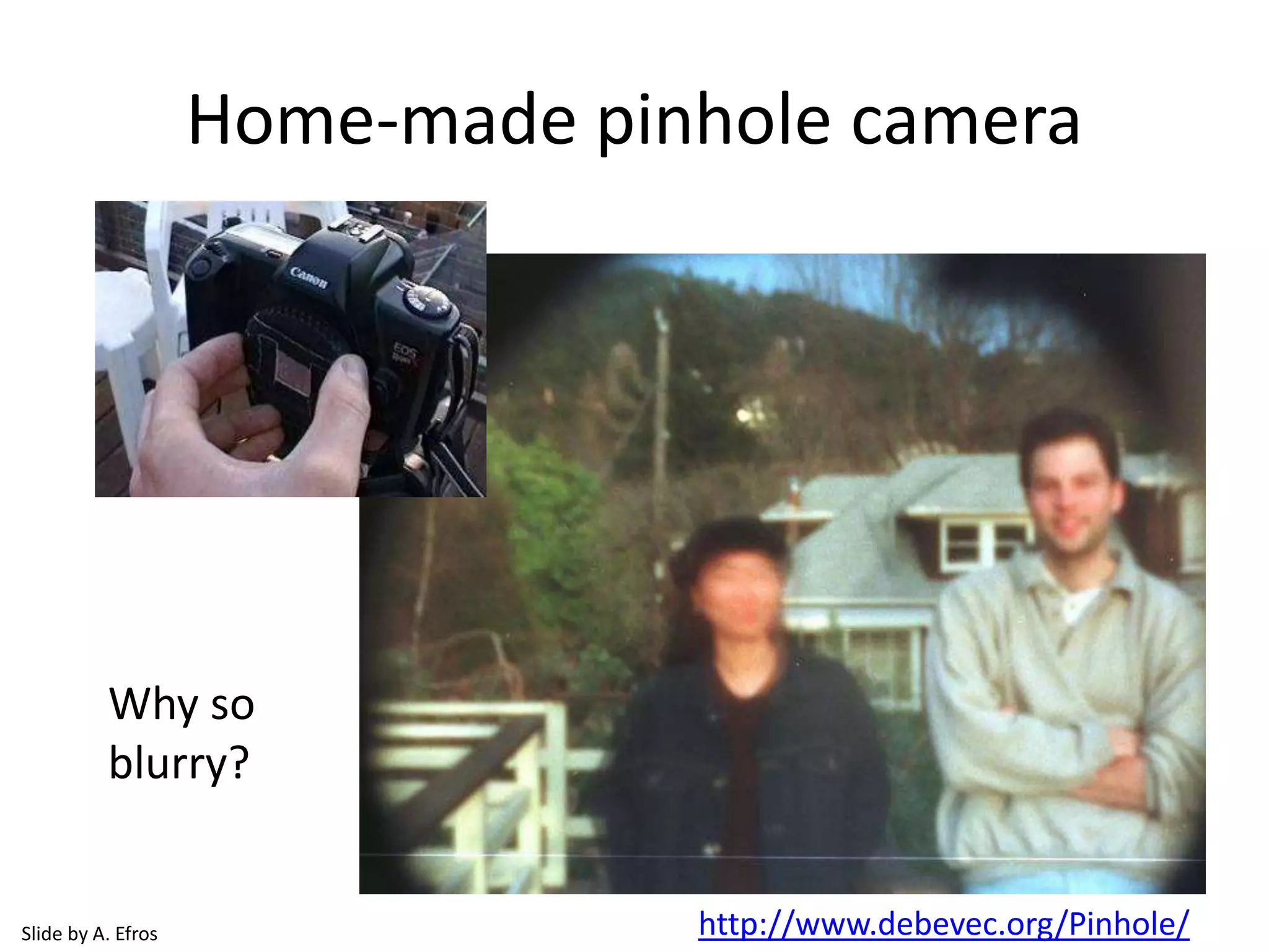 Home-made pinhole camera
http://www.debevec.org/Pinhole/
Why so
blurry?
Slide by A. Efros
 