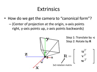 Extrinsics
• How do we get the camera to “canonical form”?
– (Center of projection at the origin, x-axis points
right, y-axis points up, z-axis points backwards)
0
Step 1: Translate by -c
Step 2: Rotate by R
3x3 rotation matrix
 