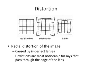 Distortion
• Radial distortion of the image
– Caused by imperfect lenses
– Deviations are most noticeable for rays that
pass through the edge of the lens
No distortion Pin cushion Barrel
 