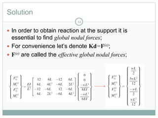 Solution
12
 In order to obtain reaction at the support it is
essential to find global nodal forces;
 For convenience let’s denote Kd=F(e);
 F(e) are called the effective global nodal forces;
 