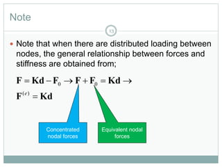 Note
13
 Note that when there are distributed loading between
nodes, the general relationship between forces and
stiffness are obtained from;
KdF
KdFFFKdF


)(
00
e
Concentrated
nodal forces
Equivalent nodal
forces
 