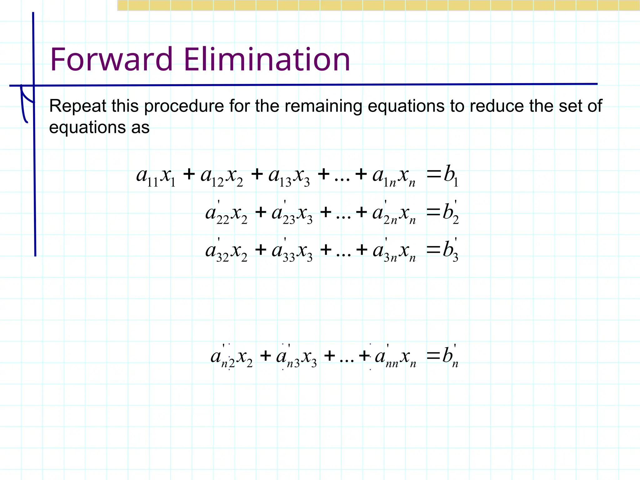 Forward Elimination
Repeat this procedure for the remaining equations to reduce the set of
equations as
1
1
3
13
2
12
1
11 ... b
x
a
x
a
x
a
x
a n
n 




'
2
'
2
3
'
23
2
'
22 ... b
x
a
x
a
x
a n
n 



'
3
'
3
3
'
33
2
'
32 ... b
x
a
x
a
x
a n
n 



'
'
3
'
3
2
'
2 ... n
n
nn
n
n b
x
a
x
a
x
a 



. . .
. . .
. . .
 