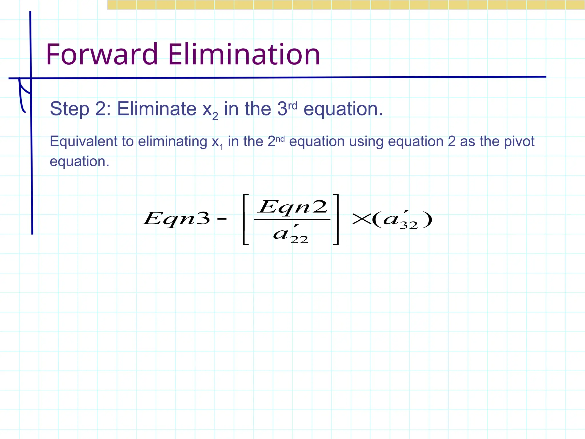 Forward Elimination
Step 2: Eliminate x2 in the 3rd
equation.
Equivalent to eliminating x1 in the 2nd
equation using equation 2 as the pivot
equation.
)
(
2
3 32
22
a
a
Eqn
Eqn 









 