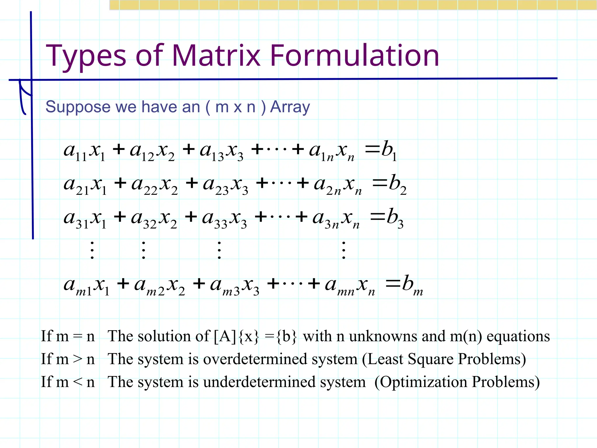 Types of Matrix Formulation
If m = n The solution of [A]{x} ={b} with n unknowns and m(n) equations
If m > n The system is overdetermined system (Least Square Problems)
If m < n The system is underdetermined system (Optimization Problems)
m
n
mn
m
m
m
n
n
n
n
n
n
b
x
a
x
a
x
a
x
a
b
x
a
x
a
x
a
x
a
b
x
a
x
a
x
a
x
a
b
x
a
x
a
x
a
x
a




























3
3
2
2
1
1
3
3
3
33
2
32
1
31
2
2
3
23
2
22
1
21
1
1
3
13
2
12
1
11
Suppose we have an ( m x n ) Array
 