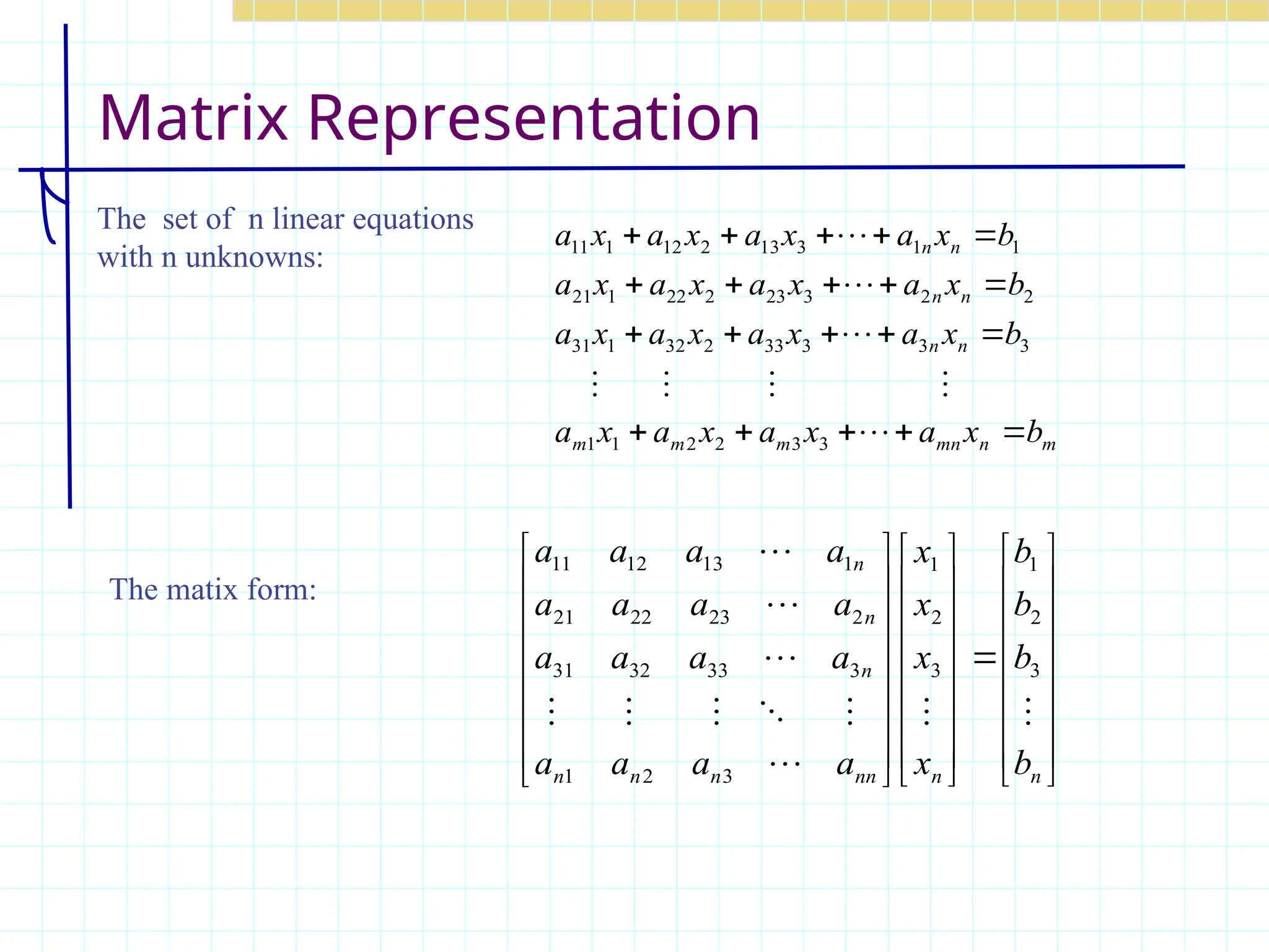 Matrix Representation

















































n
n
nn
n
n
n
n
n
n
b
b
b
b
x
x
x
x
a
a
a
a
a
a
a
a
a
a
a
a
a
a
a
a











3
2
1
3
2
1
3
2
1
3
33
32
31
2
23
22
21
1
13
12
11
m
n
mn
m
m
m
n
n
n
n
n
n
b
x
a
x
a
x
a
x
a
b
x
a
x
a
x
a
x
a
b
x
a
x
a
x
a
x
a
b
x
a
x
a
x
a
x
a




























3
3
2
2
1
1
3
3
3
33
2
32
1
31
2
2
3
23
2
22
1
21
1
1
3
13
2
12
1
11
The set of n linear equations
with n unknowns:
The matix form:
 