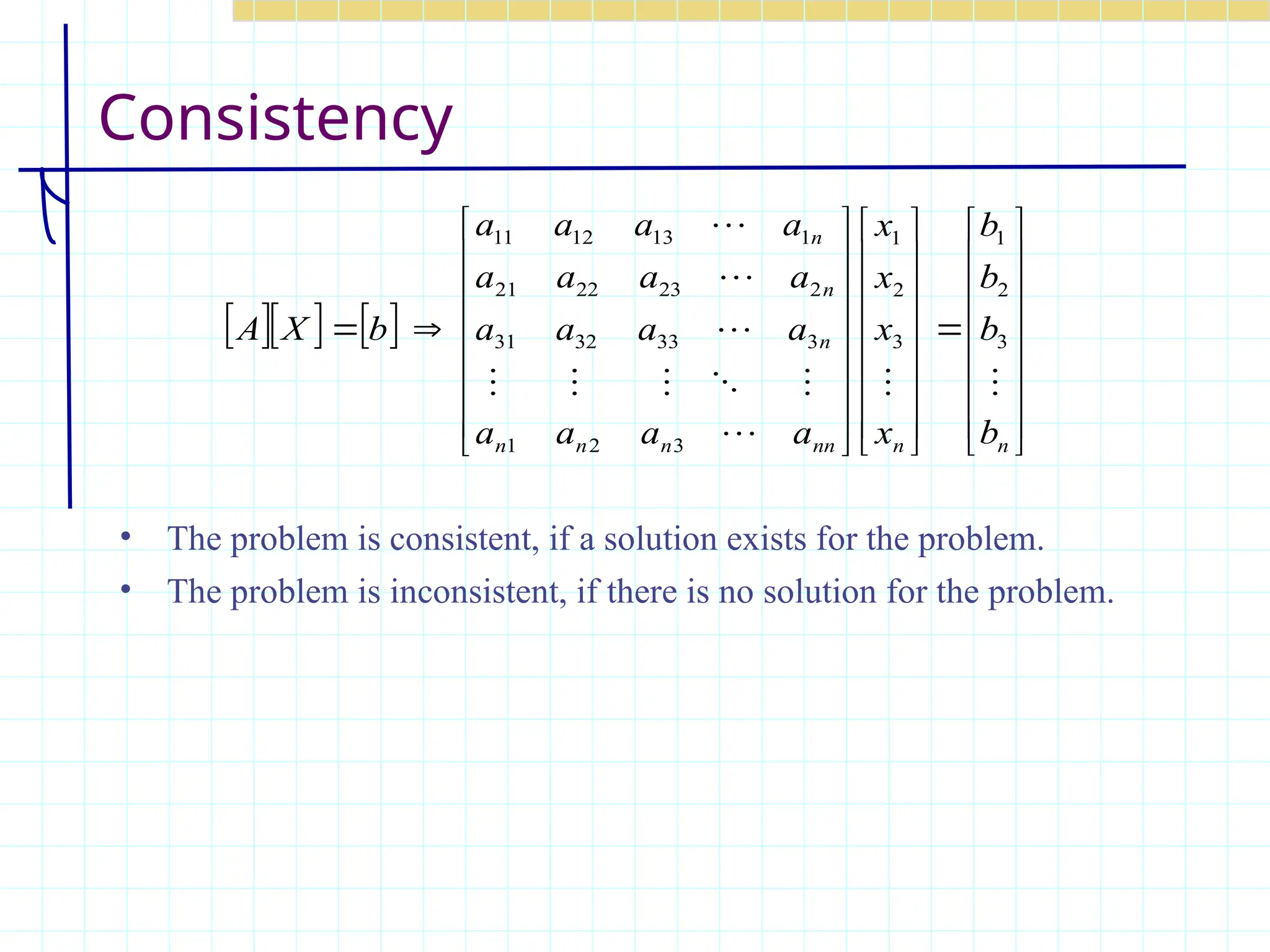 Consistency
    



















































n
n
nn
n
n
n
n
n
n
b
b
b
b
x
x
x
x
a
a
a
a
a
a
a
a
a
a
a
a
a
a
a
a
b
X
A











3
2
1
3
2
1
3
2
1
3
33
32
31
2
23
22
21
1
13
12
11
• The problem is consistent, if a solution exists for the problem.
• The problem is inconsistent, if there is no solution for the problem.
 