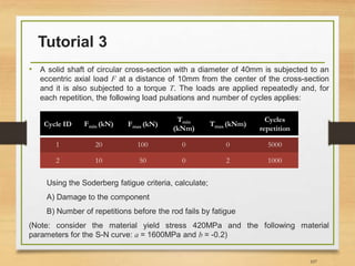 Tutorial 3
107
• A solid shaft of circular cross-section with a diameter of 40mm is subjected to an
eccentric axial load F at a distance of 10mm from the center of the cross-section
and it is also subjected to a torque T. The loads are applied repeatedly and, for
each repetition, the following load pulsations and number of cycles applies:
Using the Soderberg fatigue criteria, calculate;
A) Damage to the component
B) Number of repetitions before the rod fails by fatigue
(Note: consider the material yield stress 420MPa and the following material
parameters for the S-N curve: a = 1600MPa and b = -0.2)
Cycle ID Fmin (kN) Fmax (kN)
Tmin
(kNm)
Tmax (kNm)
Cycles
repetition
1 20 100 0 0 5000
2 10 50 0 2 1000
 