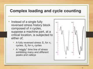 Complex loading and cycle counting
• Instead of a single fully
reversed stress history block
composed of n cycles,
suppose a machine part, at a
critical location, is subjected to
either of;
• A fully reversed stress S1 for n1
cycles, S2 for n2 cycles
• A “wiggly” time line of stress
exhibiting many and different
peaks and valleys
89
 