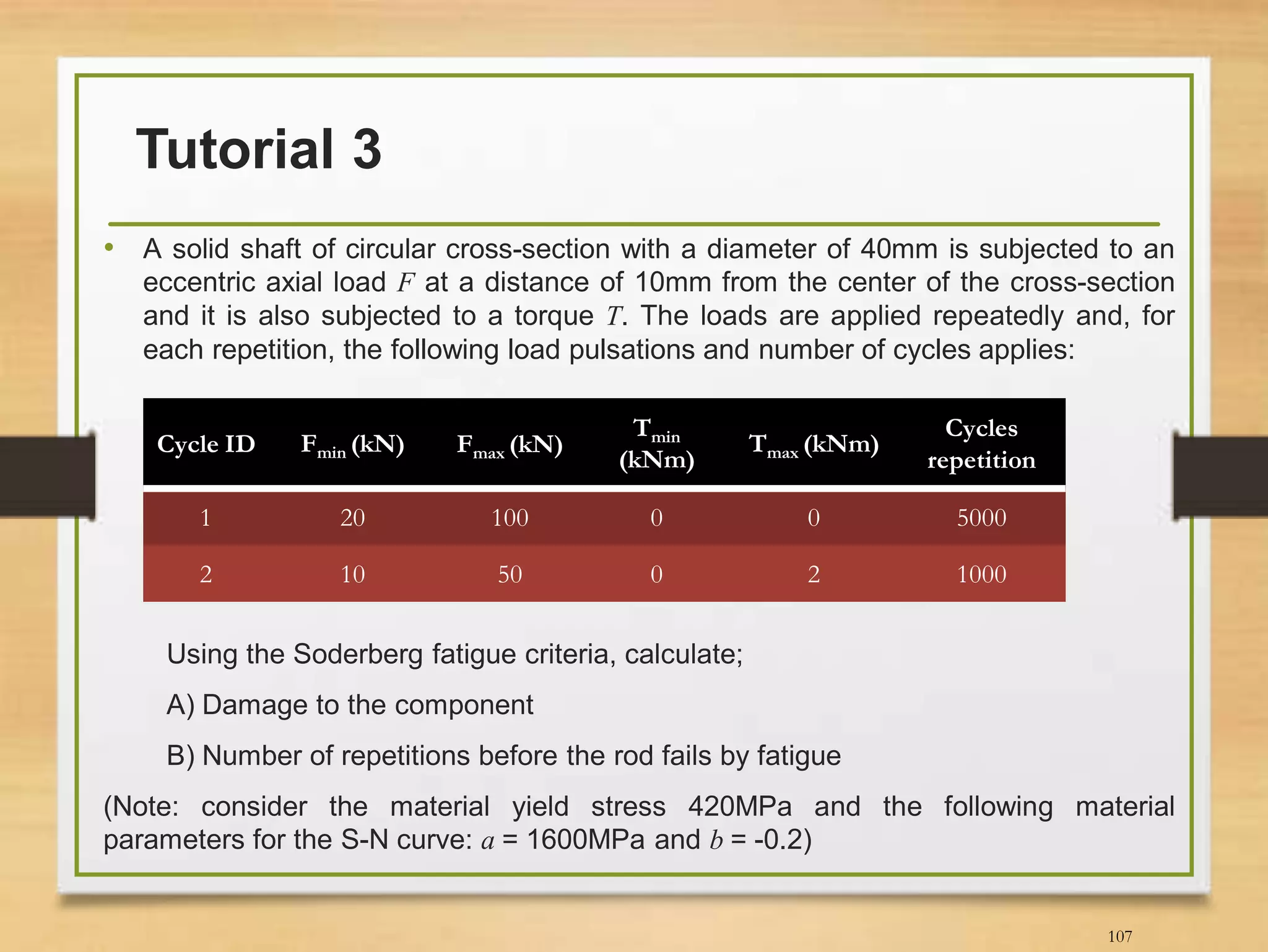 Tutorial 3
107
• A solid shaft of circular cross-section with a diameter of 40mm is subjected to an
eccentric axial load F at a distance of 10mm from the center of the cross-section
and it is also subjected to a torque T. The loads are applied repeatedly and, for
each repetition, the following load pulsations and number of cycles applies:
Using the Soderberg fatigue criteria, calculate;
A) Damage to the component
B) Number of repetitions before the rod fails by fatigue
(Note: consider the material yield stress 420MPa and the following material
parameters for the S-N curve: a = 1600MPa and b = -0.2)
Cycle ID Fmin (kN) Fmax (kN)
Tmin
(kNm)
Tmax (kNm)
Cycles
repetition
1 20 100 0 0 5000
2 10 50 0 2 1000
 