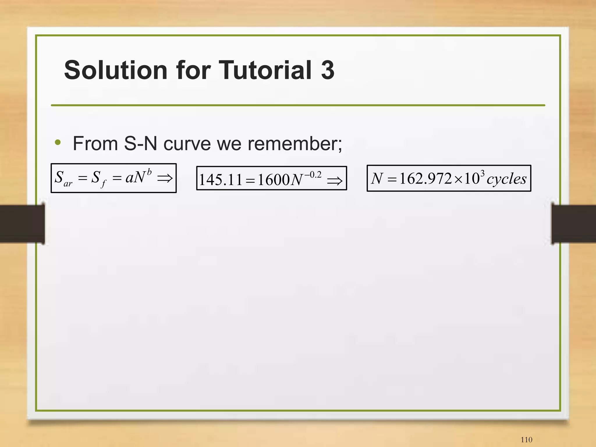 Solution for Tutorial 3
• From S-N curve we remember;
110
 b
far aNSS   2.0
160011.145 N cyclesN 3
10972.162 
 