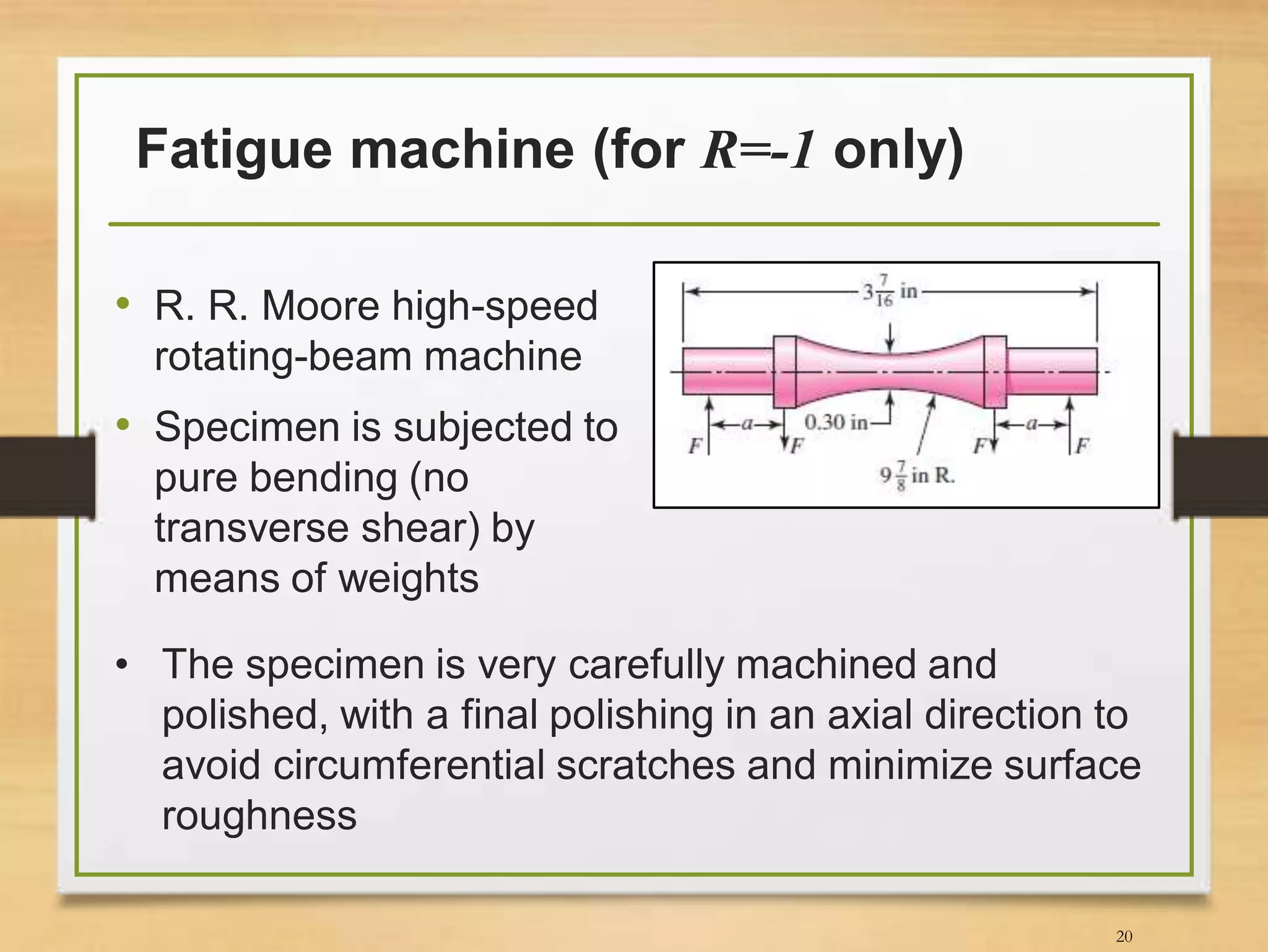 Fatigue machine (for R=-1 only)
• R. R. Moore high-speed
rotating-beam machine
• Specimen is subjected to
pure bending (no
transverse shear) by
means of weights
20
• The specimen is very carefully machined and
polished, with a final polishing in an axial direction to
avoid circumferential scratches and minimize surface
roughness
 