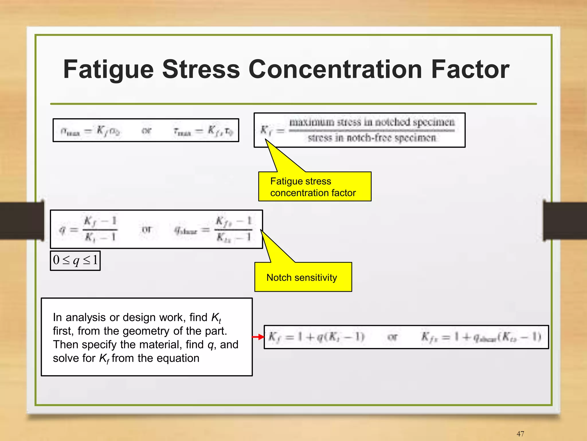 Fatigue Stress Concentration Factor
47
Fatigue stress
concentration factor
Notch sensitivity
10  q
In analysis or design work, find Kt
first, from the geometry of the part.
Then specify the material, find q, and
solve for Kf from the equation
 