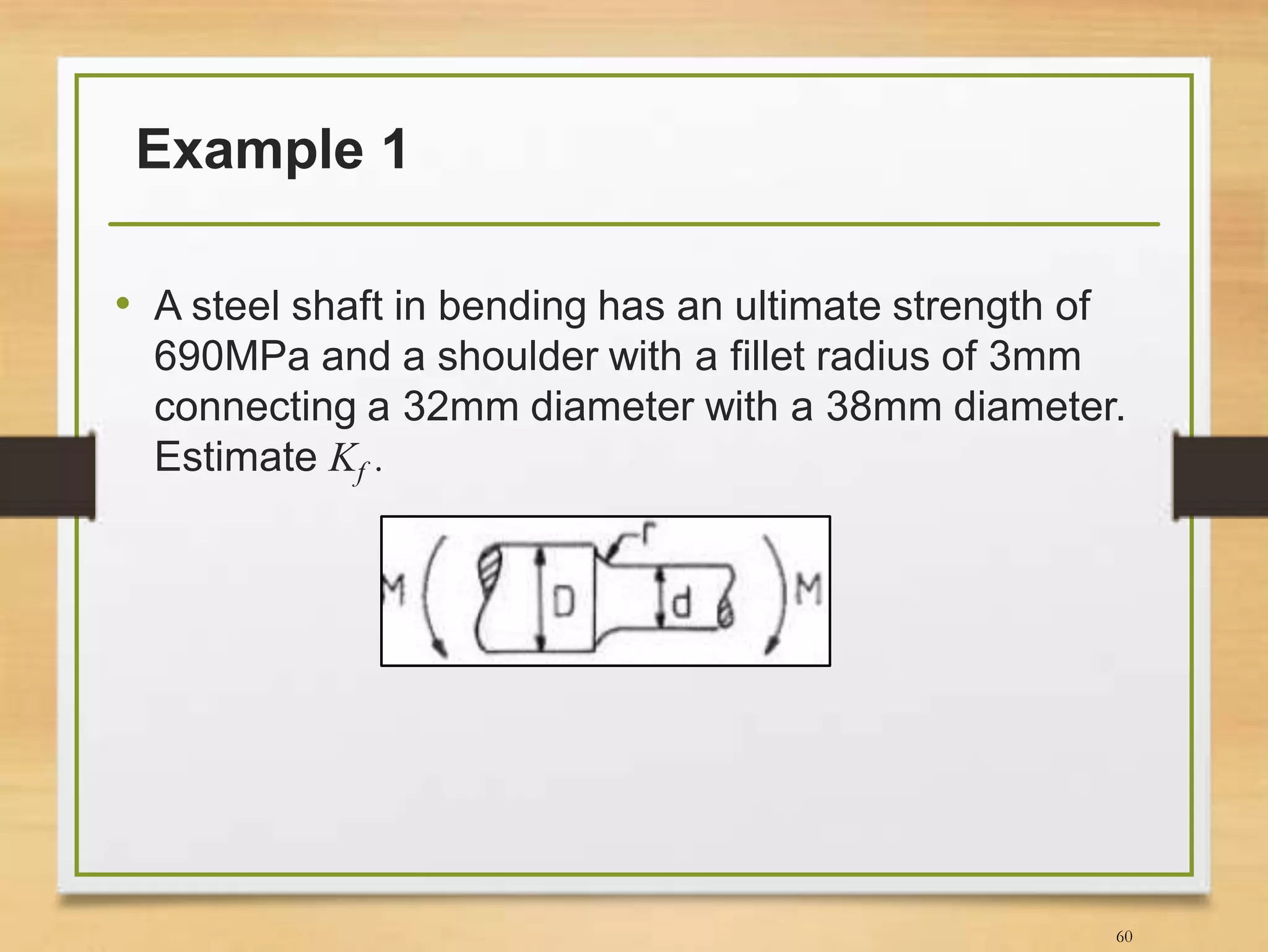 Example 1
• A steel shaft in bending has an ultimate strength of
690MPa and a shoulder with a fillet radius of 3mm
connecting a 32mm diameter with a 38mm diameter.
Estimate Kf .
60
 