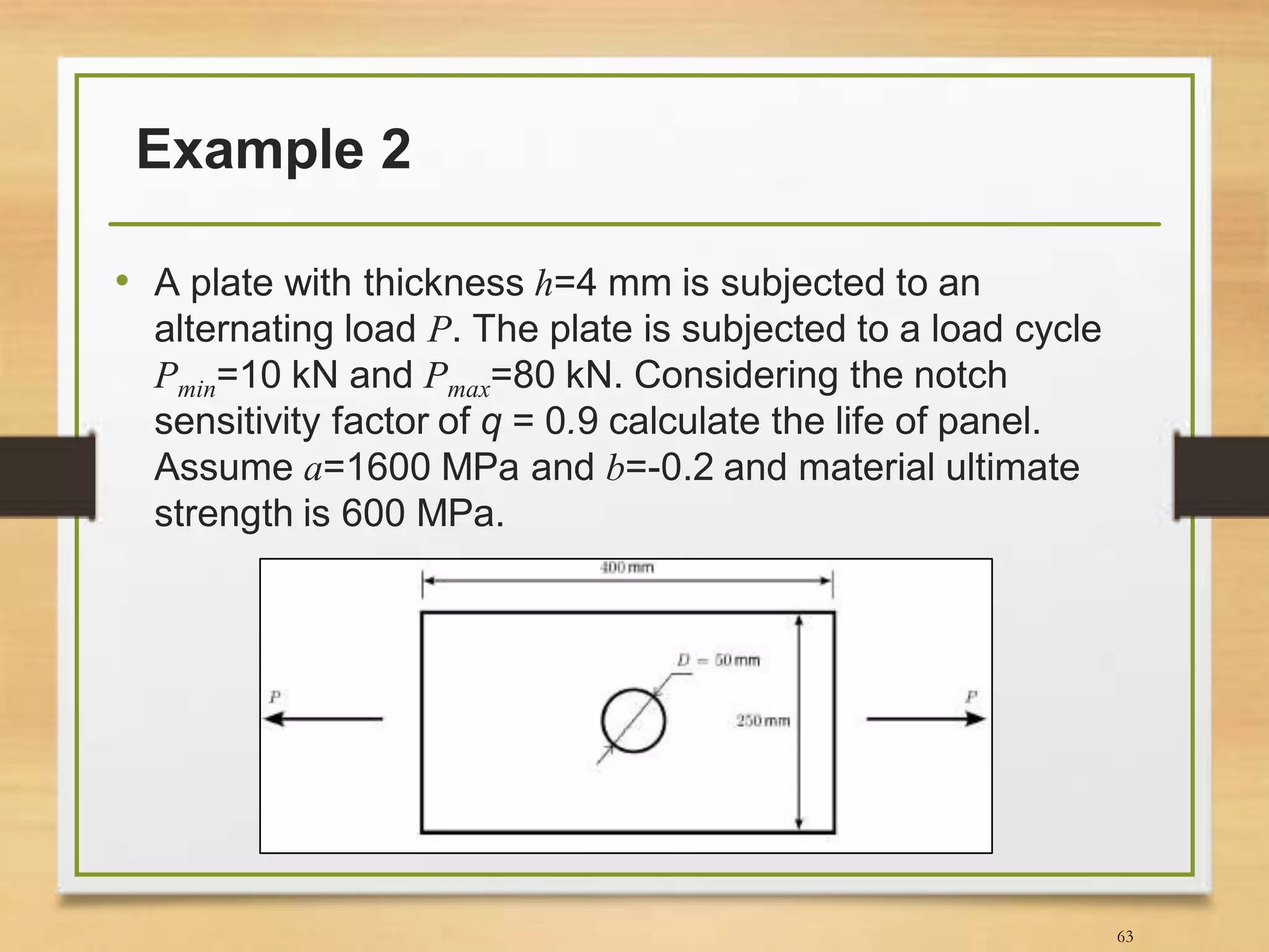 Example 2
• A plate with thickness h=4 mm is subjected to an
alternating load P. The plate is subjected to a load cycle
Pmin=10 kN and Pmax=80 kN. Considering the notch
sensitivity factor of q = 0.9 calculate the life of panel.
Assume a=1600 MPa and b=-0.2 and material ultimate
strength is 600 MPa.
63
 