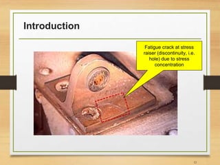 Introduction
12
Fatigue crack at stress
raiser (discontinuity, i.e.
hole) due to stress
concentration
 